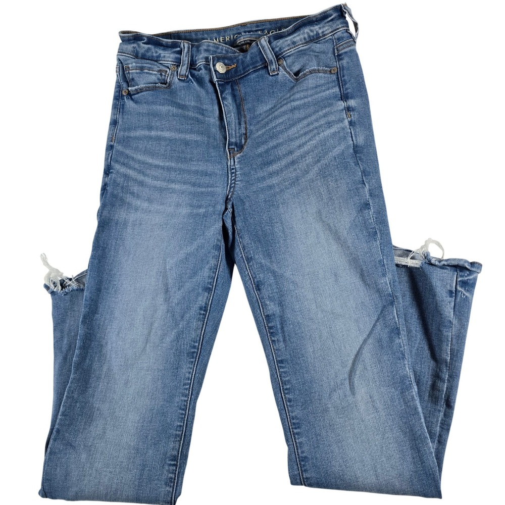 American Eagle High-Rise Skinny Kick Jeans Blue Medium Wash‎ 4 X-Short Raw Hem